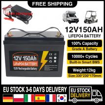 Batteria LiFePo4 12V 150Ah 300Ah con BMS integrato, pacco celle al litio ferro fosfato, 10.000 cicli, per camper, golf cart, solare, esente da tasse