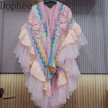 Original Design Mode Herbst Winter Blumen Stickerei Regenbogen Schal Luxus Mesh Spleißen Frauen Gestrickte Pullover Cape-Mantel