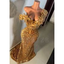 Abiti da ballo dorati Aso Ebi 2025 Perline di lusso Strass Fiori 3D Festa di nozze africana Gala Compleanno Abito da sera Personalizzato