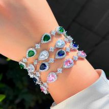 ThreeGraces Moda Lucido Rosa Blu Zirconia Bracciale da tennis con catena a maglie a goccia d'acqua per la festa nuziale di lusso per le donne BR419