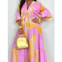 Herbst Elegantes V-Ausschnitt Hohe Taille Big Swing Kleid Mode Bedrucktes einreihiges langes Kleid Frühling Lässiges Halbarm-Maxikleid