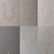 Vintage Multilevel Collar Necklace For Women Female Gold Plated Thin Chain Earth Star Rose Moon Heart Pendant Jewelry Gift