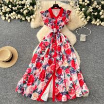 Sommer Runway Wunderschöne Böhmische Maxi Kleid Frauen Kleidung Fliegen Sleeve Einreiher Blumen Druck Lange Robe Party Vestidos