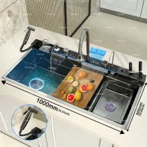 Extra großes Wasserfall-Küchenspülbecken aus Edelstahl mit geprägtem Einzelsoft-Digitalanzeige, multifunktionales Geschirrspülbecken