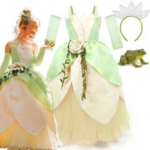 2024 Fancy Princess e Frog Story Cosplay Kid Principessa Abito da ballo con spalle scoperte Tiana Deluxe Royal Frock Costume da ballo per ragazze