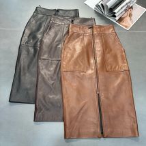 Echt leder Sheep ksin Rock Frauen hohe Taille vorne Reiß verschluss geteilt sexy Paket Hüftrock schicke weibliche Echt leder Midi Röcke