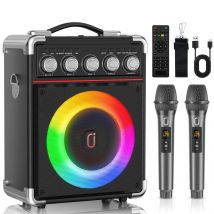 Macchina Kara Ok con 2 microfoni wireless, altoparlanti Bluetooth portatili con regolazione dei bassi/acoli, sistema Pa con telecomando