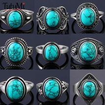 Anello vintage in argento sterling S925 con anelli in pietra turchese naturale Anelli intagliati con fiori ovali e rotondi per donna uomo