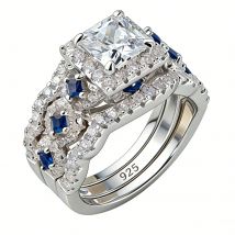 Newshe 3 Pcs Wedding Rings Set for Women 925 Silver 2.6Ct Princess Cut White Blue AAAAA CZ Luxury Bridal Engagement Jewelry