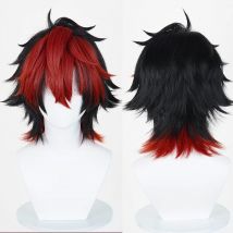 Black Ombre Red Highlights Synthetic Short Straight Wigs with Bangs Anime Game Cosplay Fluffy Wig for Daily Party