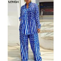 Plus Size 5xl Vonda Frauen passende Sets 2024 Mode Langarm Anzüge Polka Dot gestreifte Hemden und elastische Taille Hosen Sets