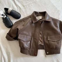 2-10Y Baby Boys Girls Zipper Jackets Brown PU Leather Lapel Collar Coats Korean Style Autumn Single Breasted Toddler Cardigans
