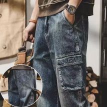 Männer Mode Multi Taschen Design Cargo Hosen Amerikanischen Vintage Breite Bein Denim Hosen Trend Kühlen Stil Streetwear Jeans Männlich