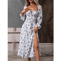 Frühling Floral Print Lange Kleider Frauen Lange Hülse Spitze Up Side Split Sexy Kleid Damen Vintage Backless Boho Strand Urlaub Robe