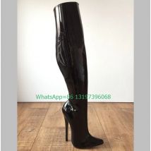 Dame Spiegel Pu Metallic Knie Stiefel Super Ferse Tanz spitzen Zehen Pu schwarze Stiefel Gothic Punk-Stil Stiefel sexy Größe 35-46 Schuhe