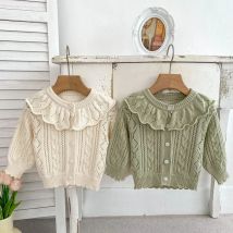 Autumn Knit Coat Baby Newborn Girls Sweater Cardigans Hollow Out Floral Ruffle Long Sleeve Girls Tops Coat Korea Girls Clothes