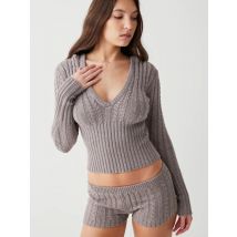 Combhasaki Damen Vintage Strick 2-teiliges Set Langarm Kapuze V-Ausschnitt Pullover Pullover + Shorts mit niedriger Taille Ästhetische Outfits Anzug