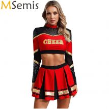 2Pcs Frauen Cheerleading Kostüm Cheerleader Tanz Outfits Langarm Pailletten Crop Top mit Falten Rock Set Cheer Uniform