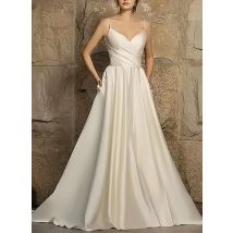 Spaghetti träger einfachen Stil Satin Rüschen Brautkleider eine Linie bodenlangen Schatz Brautkleid Schnürung zurück mit Taschen