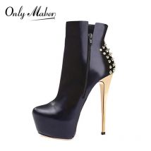 Onlymaker Frauen Niet Stiefeletten Plattform 16 cm Hohe Dünne Ferse Heels Metall Platten Schnalle Mode Winter Weibliche Booties