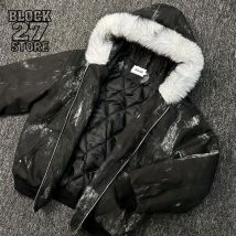 Mens Jacket Winter Streetwear Black Padded Coat Tie Dye Design Faux Fur Hood Zip Up Quilted Warm Outerwear Dark Retro Fashion