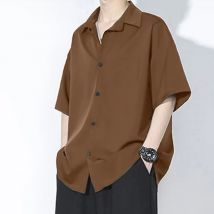 Shirt Men's Summer Ice Silk Short-Sleeved Drapey High-End Loose Casual Solid Color Shirt for Men