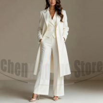 Women's White Three Piece Suit Set Elegant Single Breasted Long Coat with Vest Pants Formal Wedding Party Outfit for Ladies