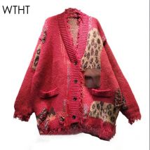 WTHT Trendy frauen Gespleißt Leopard Plüsch Rand Strickjacke 2024 Herbst Lange Ärmel V-ausschnitt Lose Pullover Weibliche 1LS116