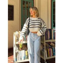 Eleganter bunter Pullover, locker, 2024, Herbst/Winter, lässig, kurz, kontrastierende Farbe, Streifen, gestrickt, Weihnachten, Halloween, Pullover, Top A3006