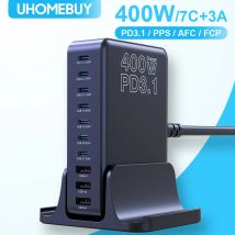 UHOMEBUY Caricatore USB C da 400 W Stazione di ricarica GaN da 10 porte Caricatore rapido PD3.1 a porta singola massima da 140 W per MacBook Pro iPhone Samsung