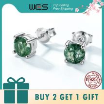 WES 925 Sterling Silver Natural Moss Agate Earrings for Women Inlaid Geometric Natural Unique Gem Engagement Gift Wholesale