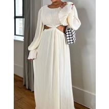 Aushöhlen Lange Kleid Frauen Frühling Sommer Flare Hülse O Neck Plissee Kleid Vintage Elegante Einfarbig Casual Büro Dame kleid