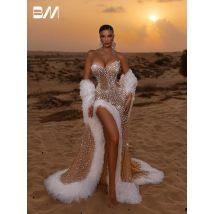 Abito da sera sexy a sirena con piume squisite, glamour, con spacco alto, cristalli ritagliati, abito da ballo personalizzato, eventi formali abbaglianti