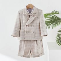 Khaki Plaid Anzug für Jungen Blazer Shorts mit Trägern Fliege Kleidung Set Baby Kinder Geburtstags feier Kleid Neuankömmling
