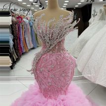 Arabische rosa Meerjungfrau-Berühmtheitskleider, luxuriöser Stufenrock, Hochzeitskleid, Perlen-Abendkleid, Robes Du Soir, individuell gestaltet