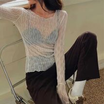 Frauen Langarm Spitze Bluse Frühling Herbst Neue Dünne Mesh Rüschen Hemd Sheer Spitze Innere Tragen Schichtung Basis Schicht Tops mode