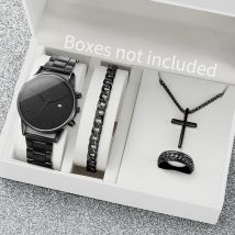 3/4PCS Men Business Watches Fashion Black Steel Band Male's Calendar Quartz Watch Relogio Masculino Jewelry Set（Without Box）