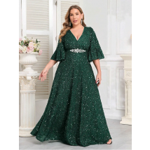 Plus Size V Neck Short Sleeve Floor-length Kind Sequin Evening Dress 4XL 5XL BigSize Wedding Banquet Floor-length Prom Gowm
