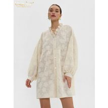 Clacive lässig lose Aprikose Damen kleid 2024 Mode Rüschen kragen Langarm Mini kleider elegantes klassisches Damen kleid