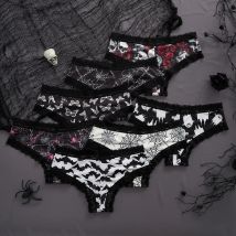 2pcs Halloween Women's Underwear Sexy Lace Edge Gothic Style Rose Skull Bat spider pattern printing Personalized Triangle Pants