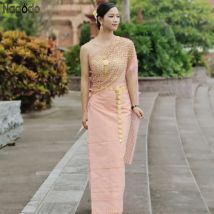 2025, neu im Sommer, trägerloses Schal-Oberteil und Rock für Damen, fünfteiliges Set, langes Ao-Dai-Thai-Thai-Kleid, Pha Sin, traditionell, vietnamesisch