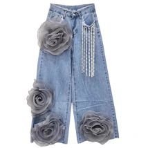 Damen High-Waist Wide-Leg Freizeitjeans Sommer 2026 Lockerer Schnitt Joker-Design Dreidimensionale Blumen Weite Hose