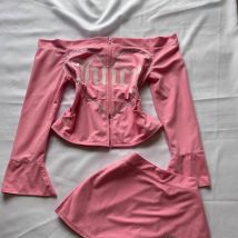 Hot Rhinestone Trendy Unique Sexy Hot Girl Pink off-Shoulder Cardigan Slim Casual Short Skirt Niche High Sense Two-Piece Suit