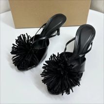 Brand Design High Heels Women Mules Shoes Unique Tassel Flower Party Date Nightclub Stilettos Peep Toe Female Modern Sandals