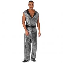 Mens Retro 70s Disco Jumpsuit V Neck Sleeveless Wide Leg Bodysuit Shiny Plaid Romper Hippie Music Festival Jazz Party Costume