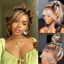 Peluca rubia miel 4/27 con reflejos ombré, ondulada, de encaje frontal 360, cabello humano mejorado, pre-arrancada, con cordón ajustable para mujer
