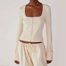 Combhasaki Damen Y2k Vintage Langarm Button-Down-T-Shirts einfarbig quadratischen Hals Slim Fit Waffel Strick oberteile Streetwear