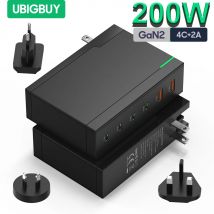 Ubigbuy caricabatterie USB C da 200W, caricabatterie GaN da tavolo a 6 porte, stazione di ricarica rapida PD 100W PPS 45W per MacBook Pro/Air iPhone Samsung