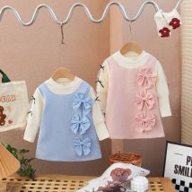 Herbst neue Mädchen Kleid Geburtstags feier Team Kleid Langarm gefälschte zwei Schleifen dekoriert süße Prinzessin Kleid Outdoor Street Foto