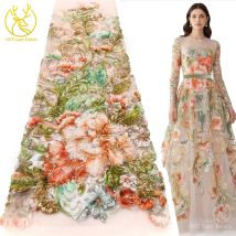 3D Floral African Beaded Lace Fabric 2026 High-Quality Nigerian French Sequined Lace Suitable for Women's Wedding Party Dresses